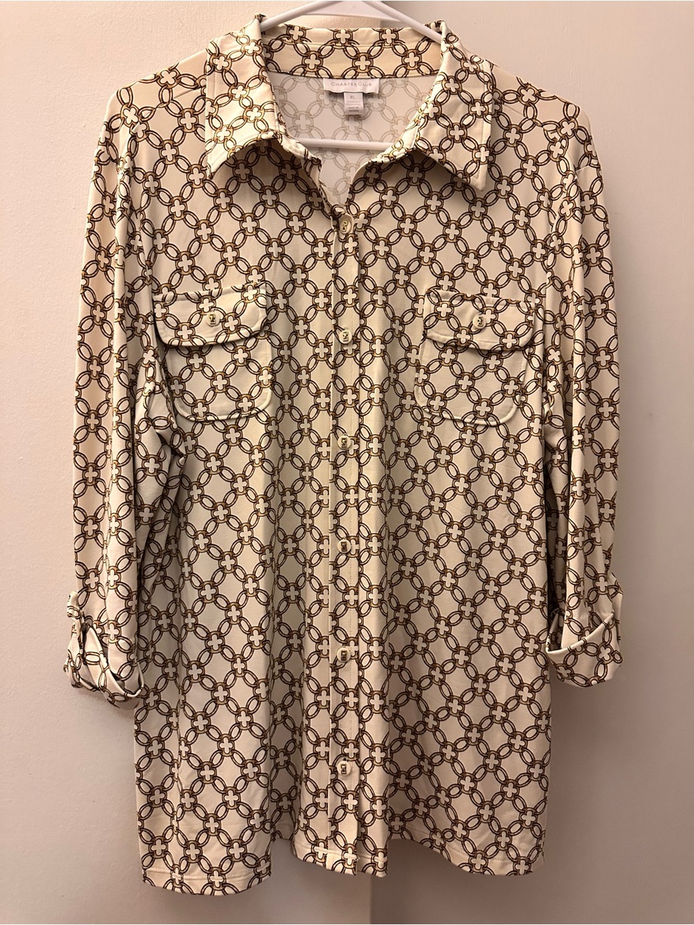 Charter Club Cream Button-down Shirt with Brown Chain-Print XL